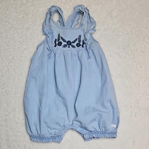 7 For All Mankind Blue Jean Embroidered Baby Romper 12 Months - Picture 1 of 4